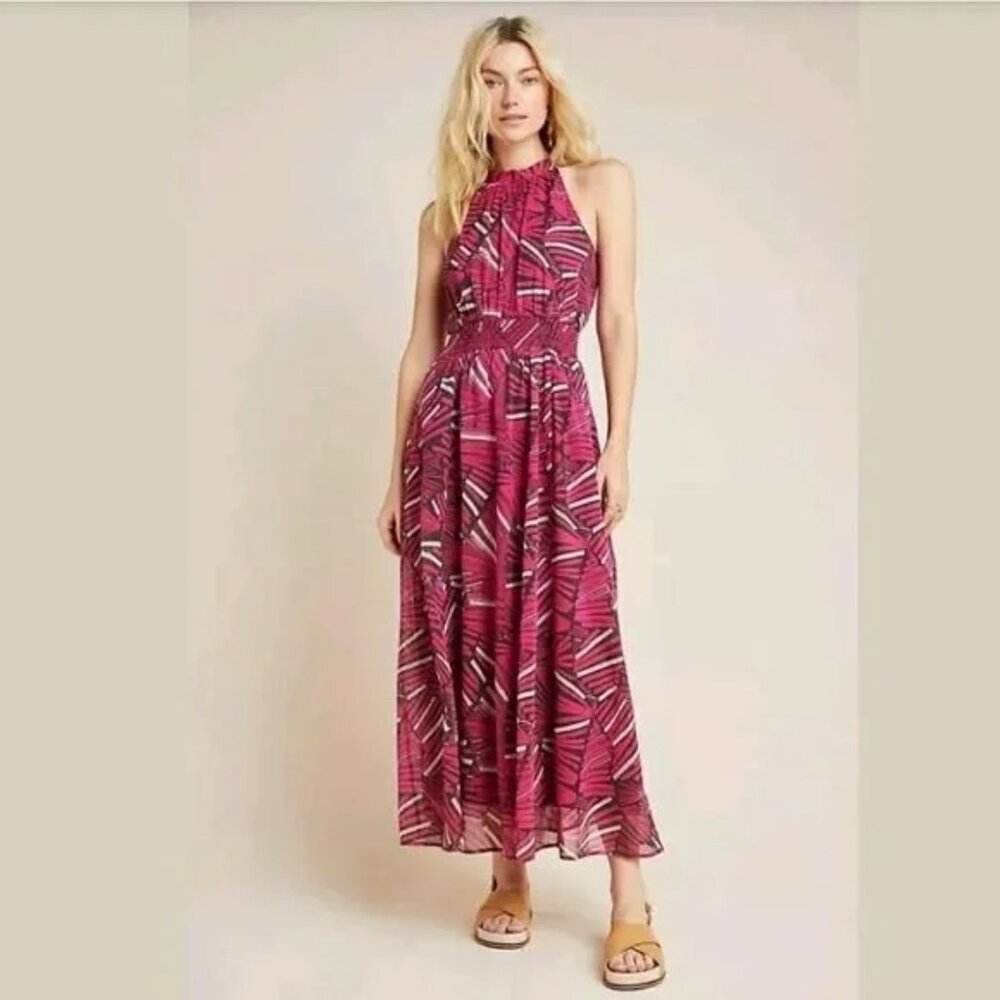 Anthropologie Maeve Kelli Halter Maxi Dress with pockets pink abstract print XS